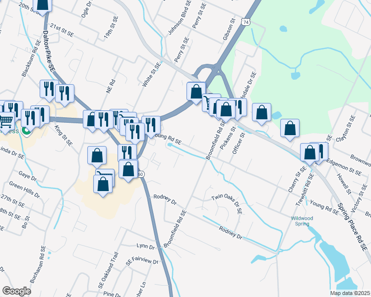 map of restaurants, bars, coffee shops, grocery stores, and more near 1922 Young Road Southeast in Cleveland