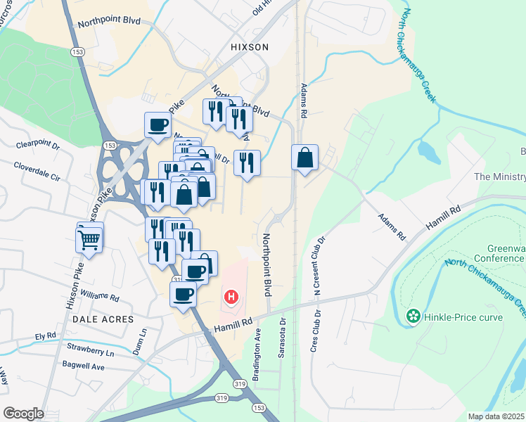 map of restaurants, bars, coffee shops, grocery stores, and more near 310 Ring Road in Chattanooga