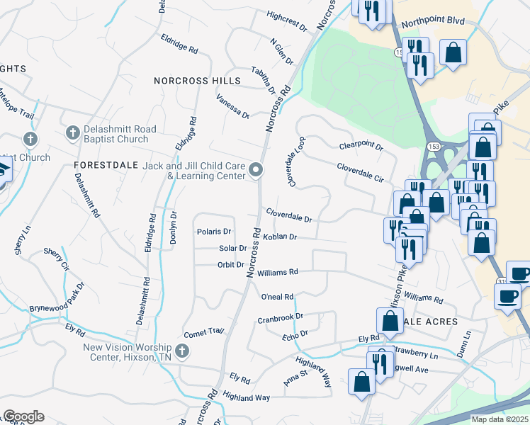 map of restaurants, bars, coffee shops, grocery stores, and more near 4453 Koblan Court in Chattanooga