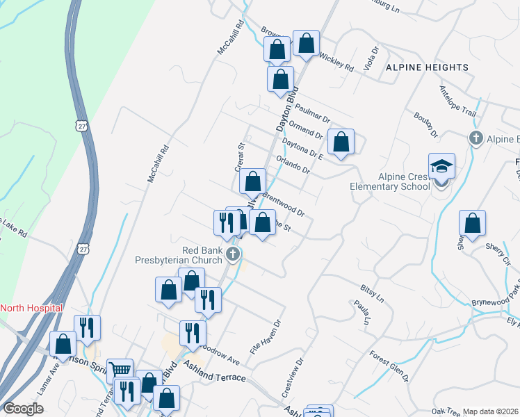 map of restaurants, bars, coffee shops, grocery stores, and more near 104 Forsythe Street in Chattanooga