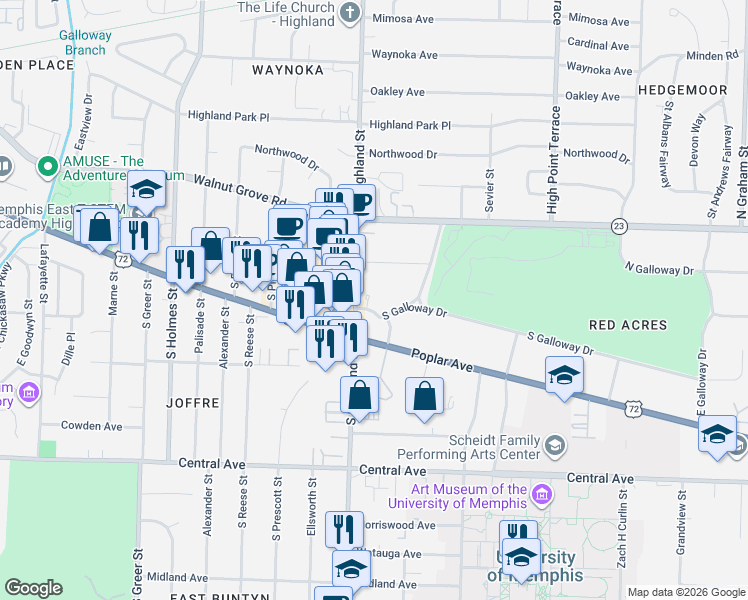 map of restaurants, bars, coffee shops, grocery stores, and more near 112 Red Acres Place in Memphis