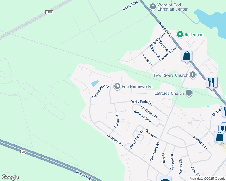 map of restaurants, bars, coffee shops, grocery stores, and more near 108 Saratoga Lane in New Bern