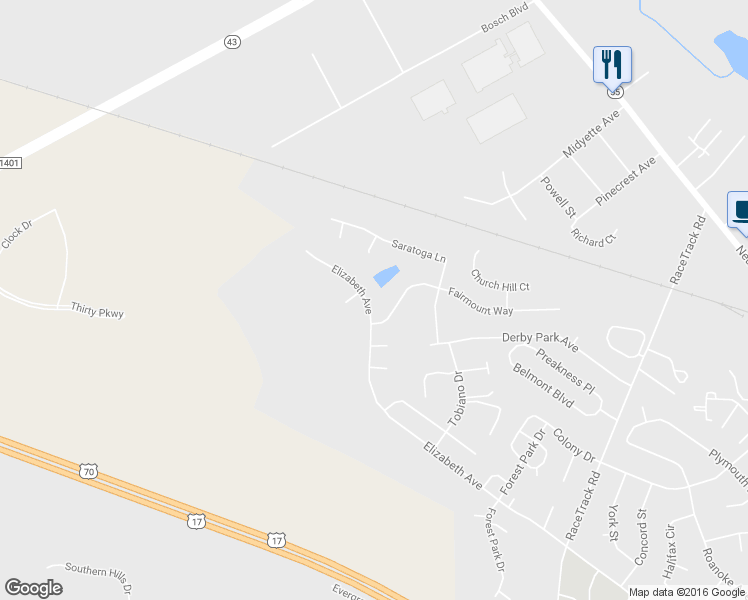 map of restaurants, bars, coffee shops, grocery stores, and more near 4210 Elizabeth Avenue in New Bern