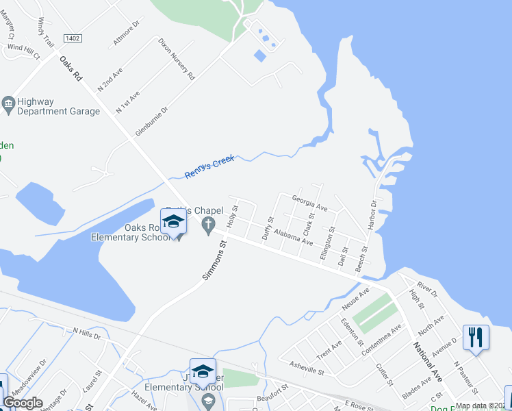 map of restaurants, bars, coffee shops, grocery stores, and more near 1408 State Road 1408 in New Bern