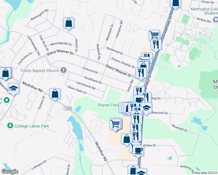 map of restaurants, bars, coffee shops, grocery stores, and more near 247 Southland Drive in Fayetteville
