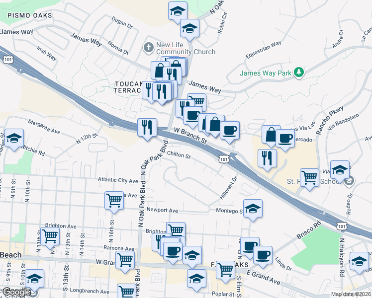 map of restaurants, bars, coffee shops, grocery stores, and more near 1577 El Camino Real in Arroyo Grande