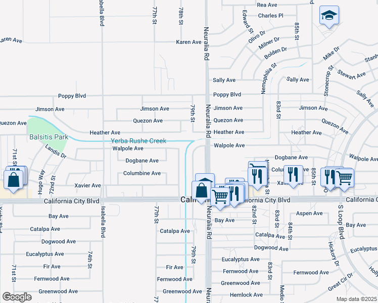 map of restaurants, bars, coffee shops, grocery stores, and more near 21124 79th Street in California City