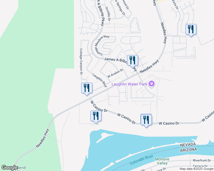 map of restaurants, bars, coffee shops, grocery stores, and more near 2195 River City Drive in Laughlin