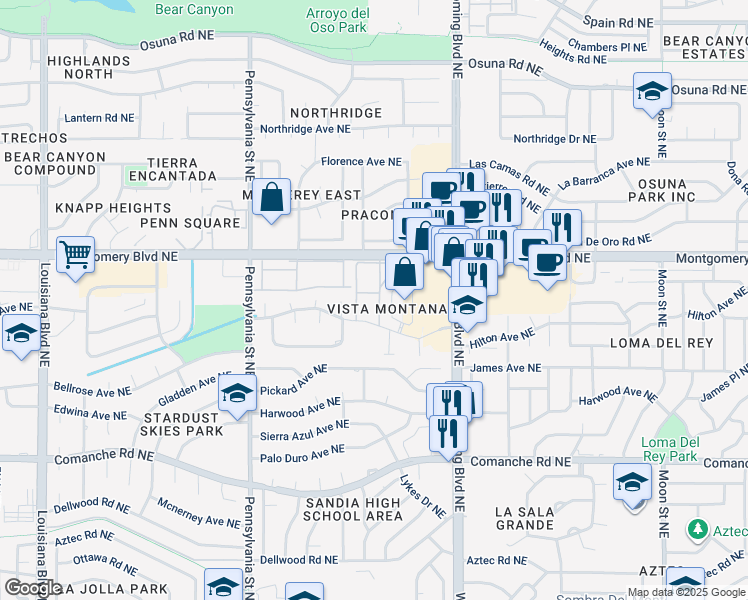 map of restaurants, bars, coffee shops, grocery stores, and more near 8000 Montgomery Boulevard Northeast in Albuquerque
