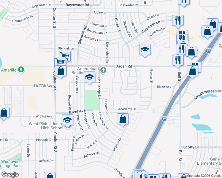 map of restaurants, bars, coffee shops, grocery stores, and more near 7900 Advance Place in Amarillo