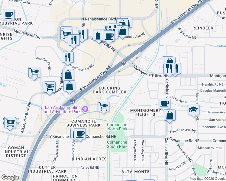 map of restaurants, bars, coffee shops, grocery stores, and more near 4302 Pan American Freeway Northeast in Albuquerque