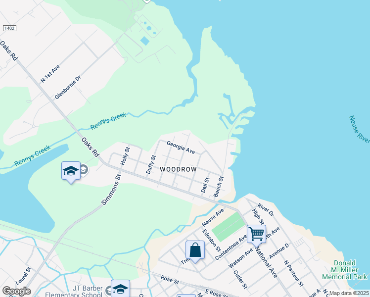map of restaurants, bars, coffee shops, grocery stores, and more near 401 Clark Street in New Bern