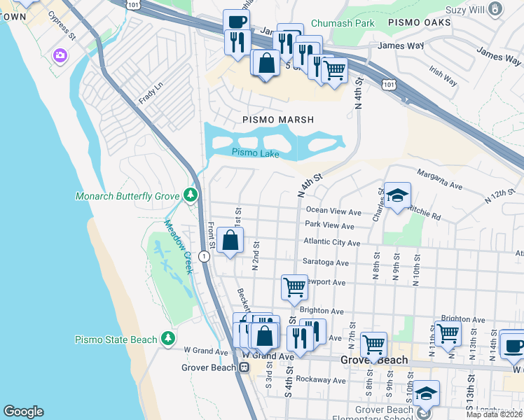 map of restaurants, bars, coffee shops, grocery stores, and more near 204 Ocean View Avenue in Grover Beach