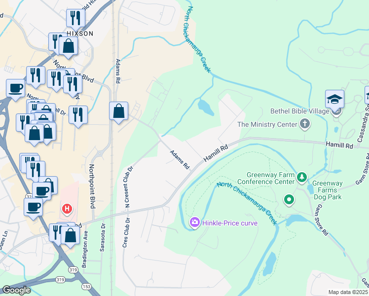 map of restaurants, bars, coffee shops, grocery stores, and more near 4634 Woodland Lane in Chattanooga
