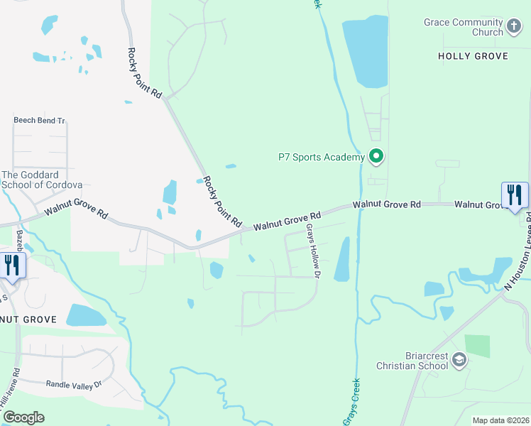 map of restaurants, bars, coffee shops, grocery stores, and more near 9600 Grays Meadow Drive in Shelby County