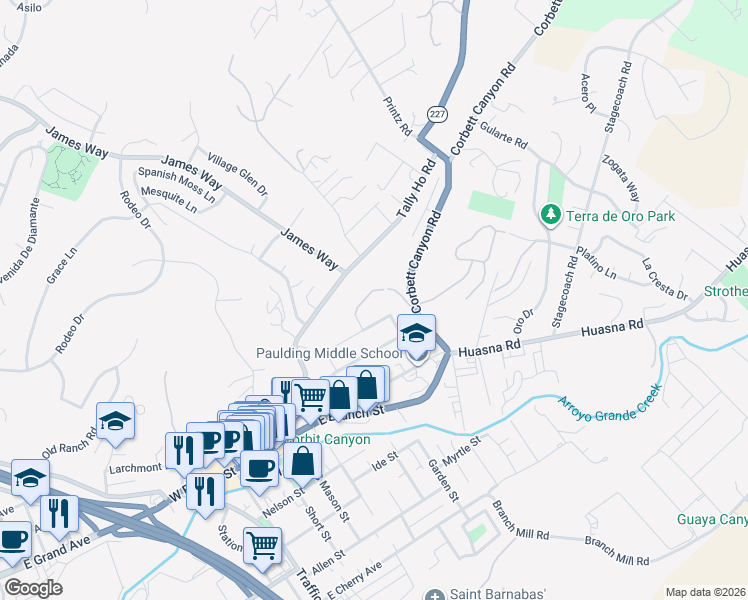 map of restaurants, bars, coffee shops, grocery stores, and more near 582 Paseo Street in Arroyo Grande