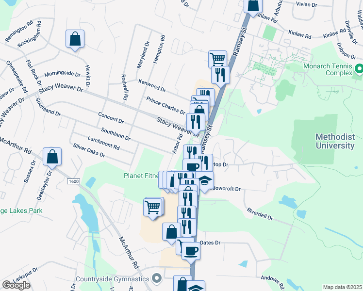map of restaurants, bars, coffee shops, grocery stores, and more near 5002 Arbor Road in Fayetteville