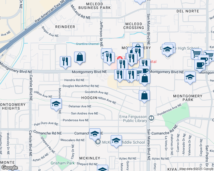 map of restaurants, bars, coffee shops, grocery stores, and more near 4601 Douglas Macarthur Road Northeast in Albuquerque