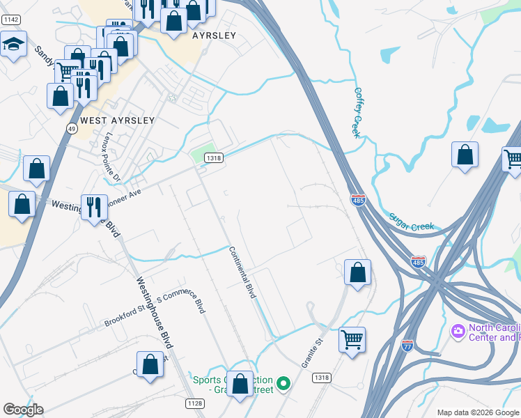 map of restaurants, bars, coffee shops, grocery stores, and more near 1900 Continental Boulevard in Charlotte