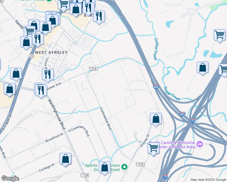 map of restaurants, bars, coffee shops, grocery stores, and more near 1900 Continental Boulevard in Charlotte
