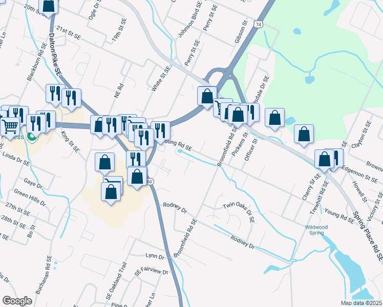 map of restaurants, bars, coffee shops, grocery stores, and more near 1808 Young Road Southeast in Cleveland