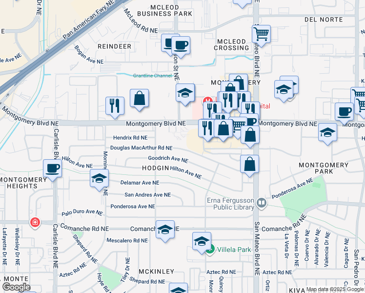 map of restaurants, bars, coffee shops, grocery stores, and more near 4513 Goodrich Avenue Northeast in Albuquerque