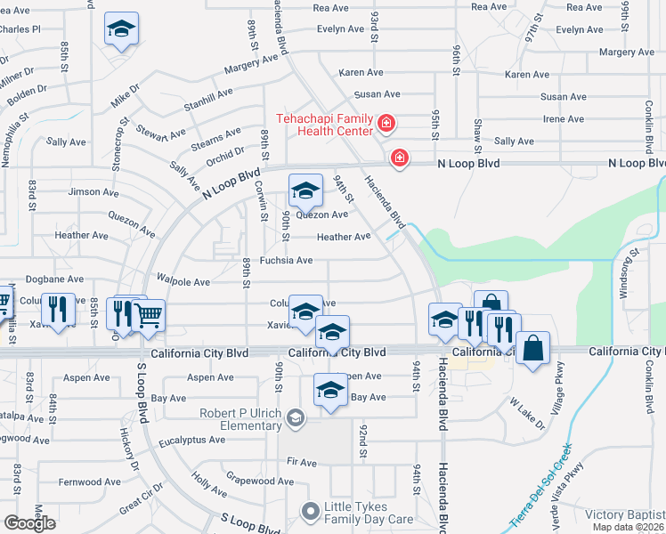 map of restaurants, bars, coffee shops, grocery stores, and more near 9130 Walpole Avenue in California City