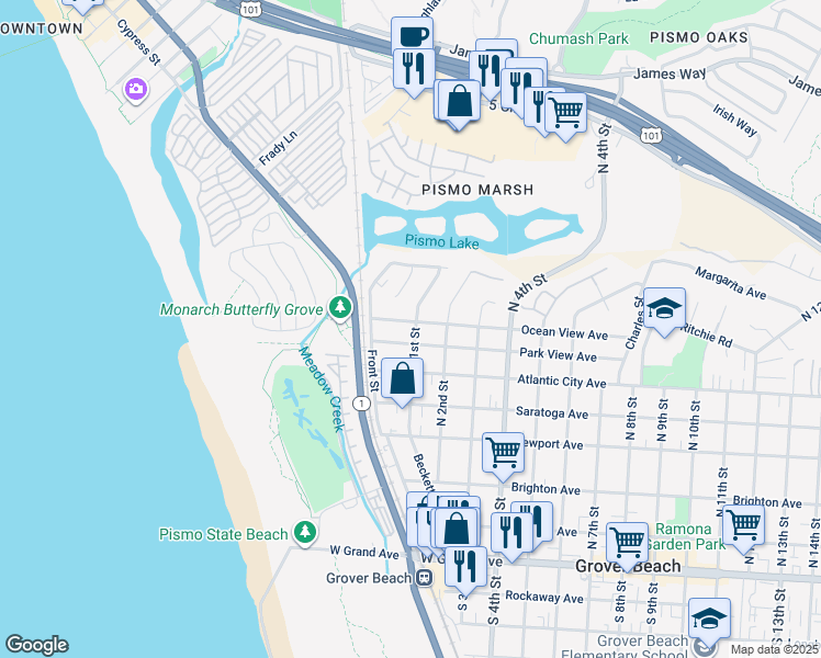 map of restaurants, bars, coffee shops, grocery stores, and more near 82 Park View Avenue in Grover Beach