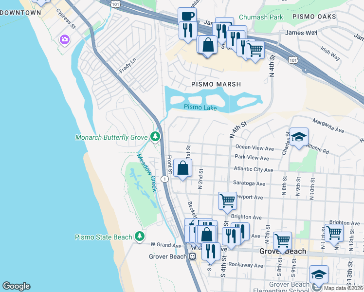 map of restaurants, bars, coffee shops, grocery stores, and more near 82 Park View Avenue in Grover Beach