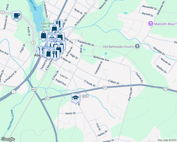 map of restaurants, bars, coffee shops, grocery stores, and more near 607 East Main Street in Aberdeen