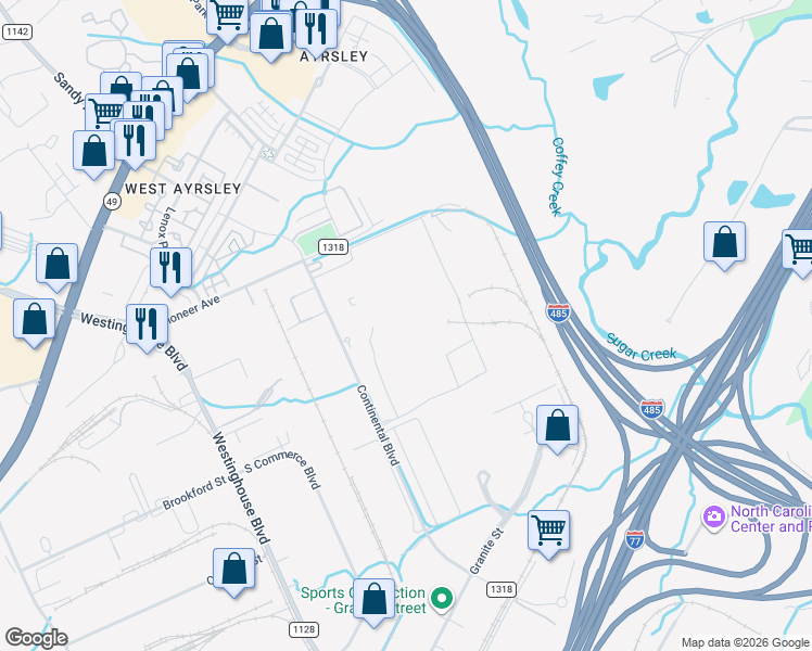 map of restaurants, bars, coffee shops, grocery stores, and more near 1900 Continental Blvd in Charlotte
