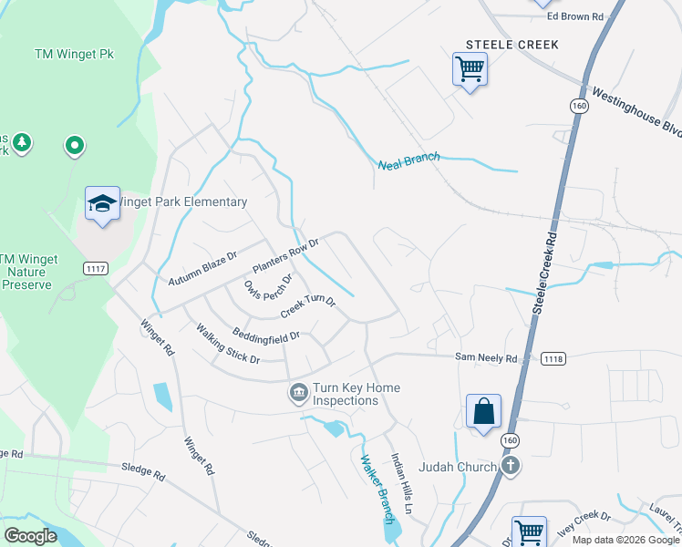 map of restaurants, bars, coffee shops, grocery stores, and more near 4323 Bubbling Brook Court in Charlotte