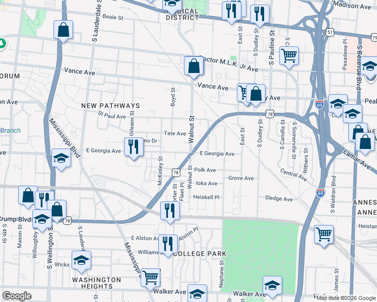 map of restaurants, bars, coffee shops, grocery stores, and more near 676 Clinton Place in Memphis