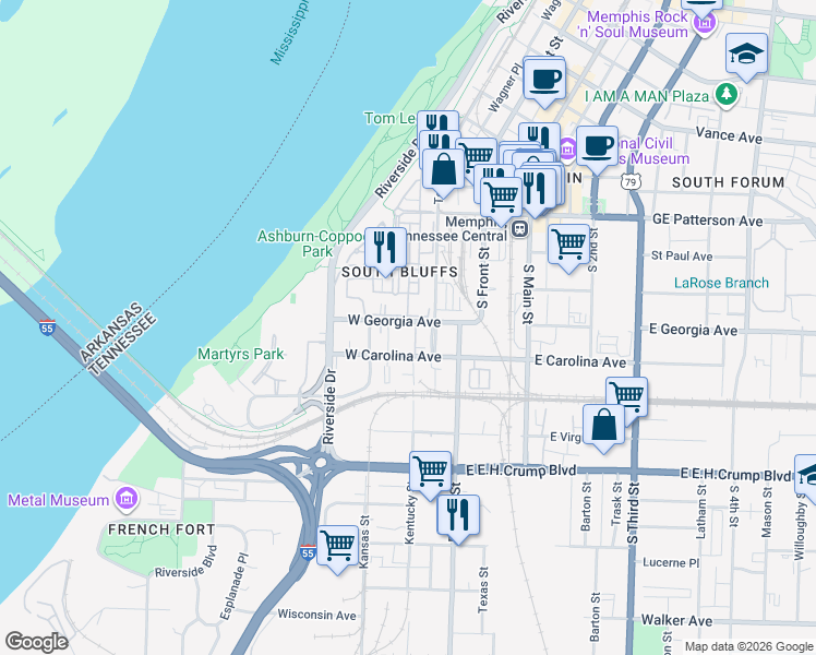 map of restaurants, bars, coffee shops, grocery stores, and more near 78 West Carolina Avenue in Memphis