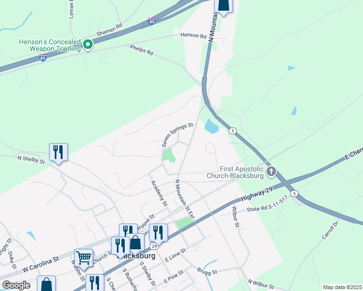 map of restaurants, bars, coffee shops, grocery stores, and more near 310 N Mountain St in Blacksburg