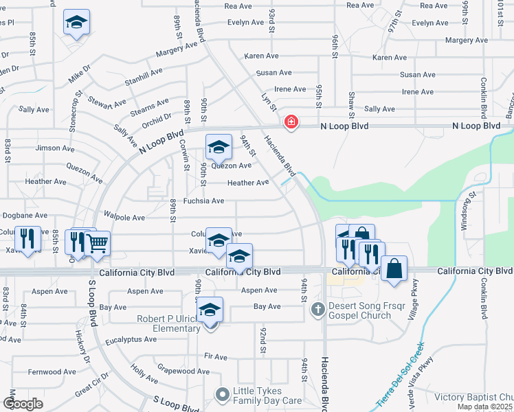 map of restaurants, bars, coffee shops, grocery stores, and more near 9200 Fuchsia Avenue in California City