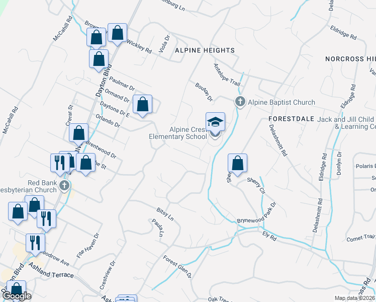 map of restaurants, bars, coffee shops, grocery stores, and more near 4553 Ravenwood Drive North in Chattanooga
