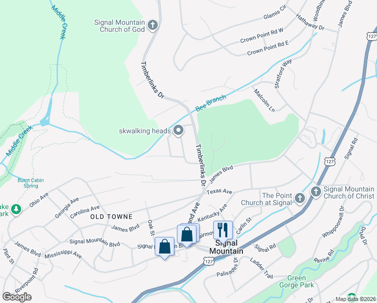 map of restaurants, bars, coffee shops, grocery stores, and more near 104 Pinehurst Lane in Signal Mountain