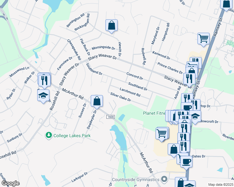 map of restaurants, bars, coffee shops, grocery stores, and more near 406 Silver Oaks Drive in Fayetteville