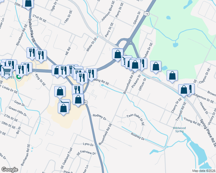 map of restaurants, bars, coffee shops, grocery stores, and more near 1862 Young Road Southeast in Cleveland