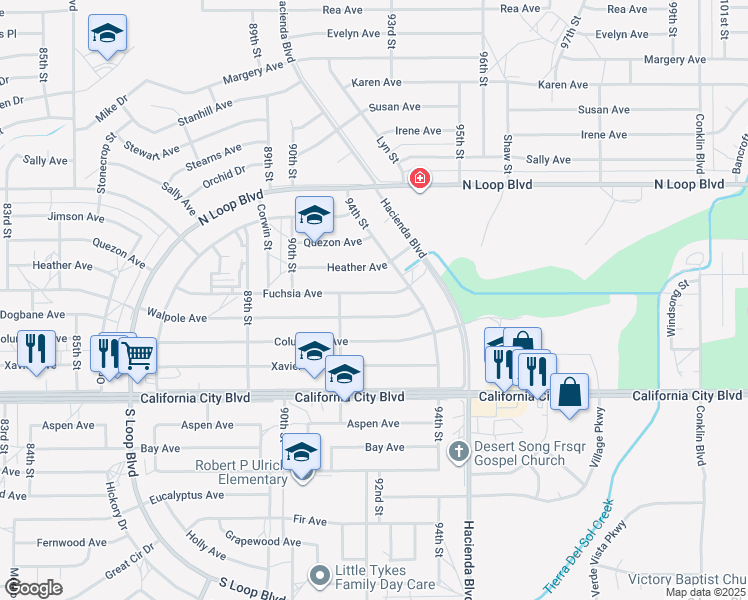 map of restaurants, bars, coffee shops, grocery stores, and more near Fuchsia Avenue in California City