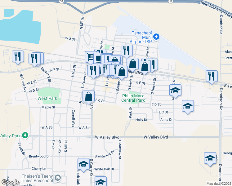 map of restaurants, bars, coffee shops, grocery stores, and more near 309 South Robinson Street in Tehachapi