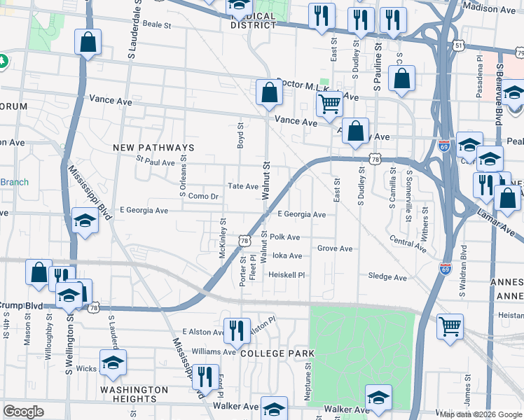 map of restaurants, bars, coffee shops, grocery stores, and more near 676 Clinton Place in Memphis