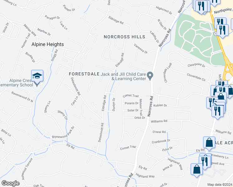 map of restaurants, bars, coffee shops, grocery stores, and more near 5234 Donlyn Drive in Chattanooga