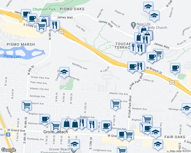 map of restaurants, bars, coffee shops, grocery stores, and more near 850 North 12th Street in Grover Beach