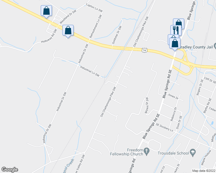 map of restaurants, bars, coffee shops, grocery stores, and more near 764 Old Chattanooga Pike Southwest in Cleveland