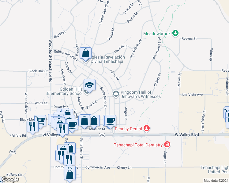 map of restaurants, bars, coffee shops, grocery stores, and more near 21310 Golden Hills Boulevard in Tehachapi