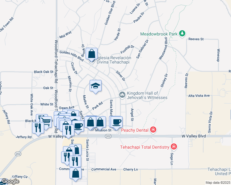 map of restaurants, bars, coffee shops, grocery stores, and more near 21321 Golden Hills Boulevard in Tehachapi