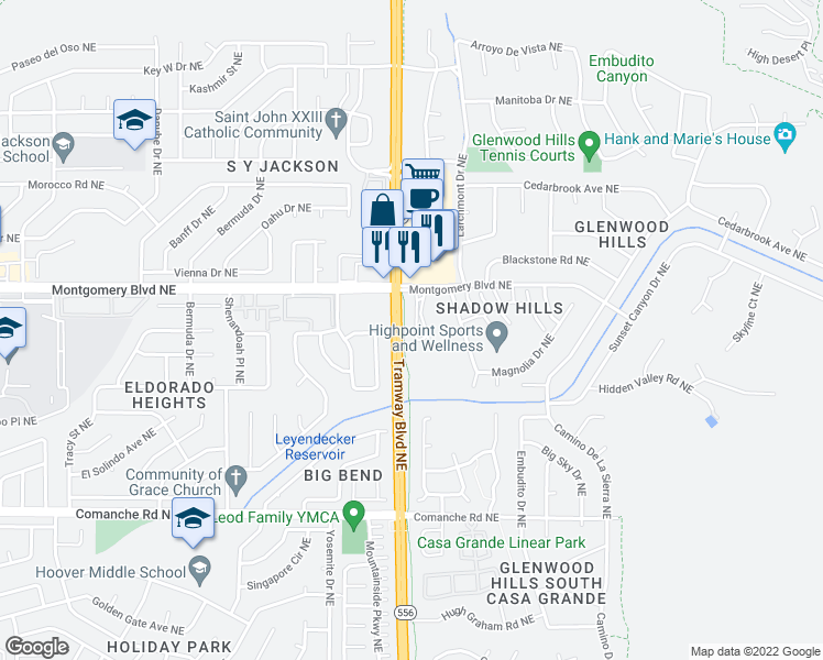 map of restaurants, bars, coffee shops, grocery stores, and more near 4319 Prairie Loft Way NE in Albuquerque