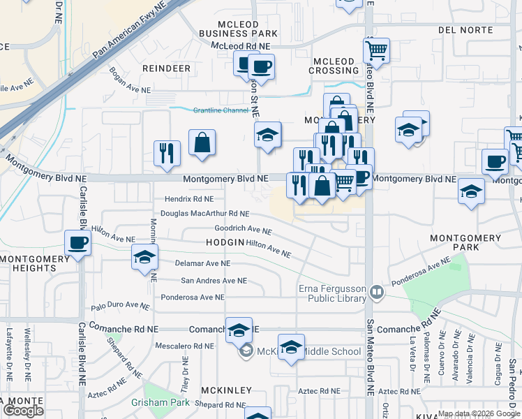 map of restaurants, bars, coffee shops, grocery stores, and more near 4408 Montgomery Boulevard Northeast in Albuquerque